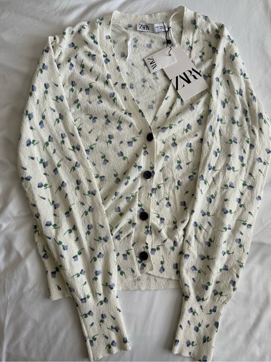 Zara Sweaters - ZARA Cream Cardigan Sweater with Blue Floral Print